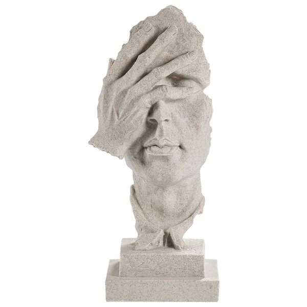 Dekorative Skulptur eines Gesichtes mit Hand vor den Augen auf Sockel