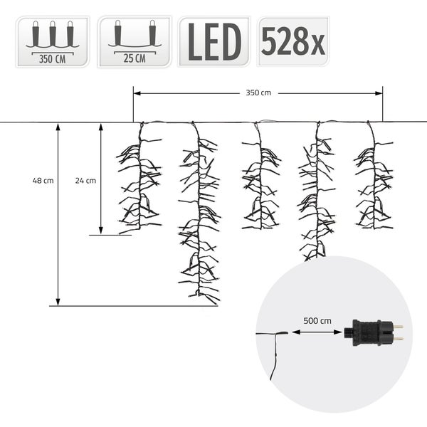 Technische Zeichnung einer LED Lichterkette als Eiszapfenvorhang mit 528 LEDs, 350 Zentimeter Länge und 500 Zentimeter Zuleitung.
