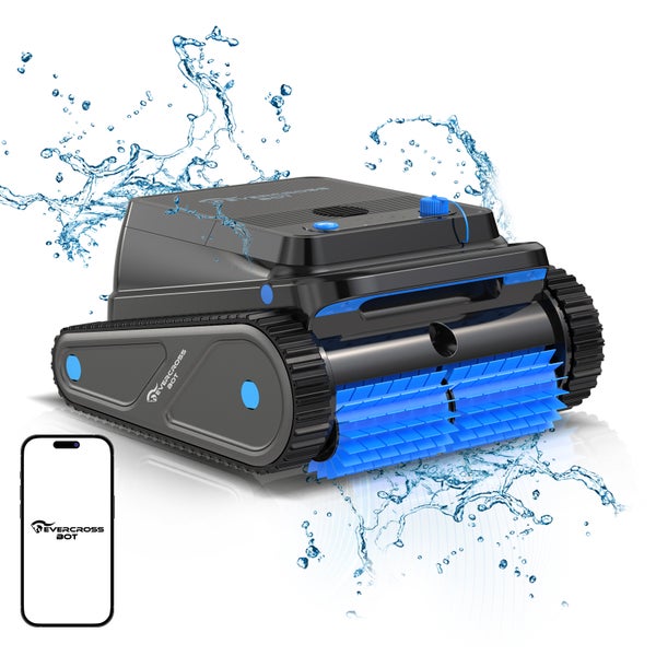 Schwarzer Evercross Bot Poolroboter mit blauen Reinigungsbürsten und Kettenantrieb, steuerbar über eine Smartphone Applikation.