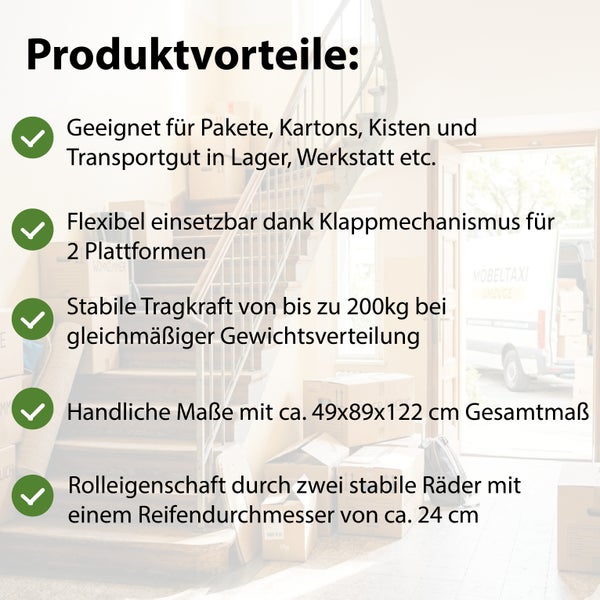 Infografik mit Produktvorteilen einer Transportkarre: geeignet für schwere Lasten, klappbare Plattformen, 200 Kilogramm Tragkraft, zwei Reifen.