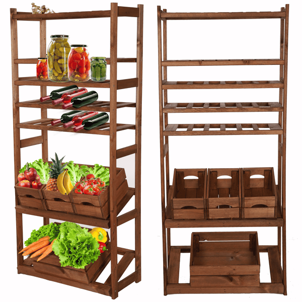 PROREGAL Getränkekisten- & Weinregal SPREEWALD HxBxT 163x70x33cm 18 Flaschen auf 3 Ebenen + 2 Ebenen für Kisten + 2 Ablagen Massives Kiefernholz Braun geölt