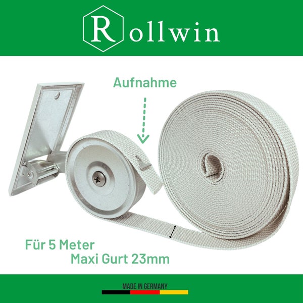 Rollwin Rolladen Gurtwickler Unterputz 105mm Lochabstand - mit 7m Gurt 23mm Rolladengurt - aus Deutschland - mit Gurtwickler Abdeckung Weiß Rollo Wickler mit Abdeckblende Rollladen Aufwickler