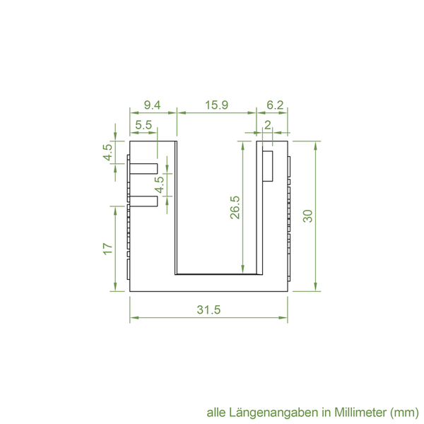 Maßzeichnung einer U-förmigen Glasklemme mit Bemaßungen in Millimeter zur Montage von Glasplatten.