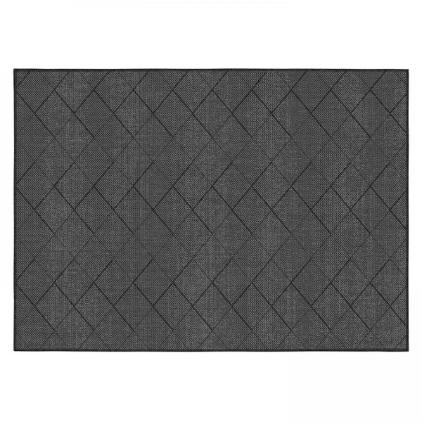 Rechteckiger flachgewebter Teppich mit dunkelgrauem Rautenmuster.