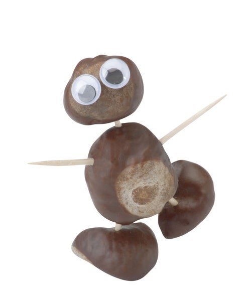 Eine aus Kastanien gebastelte Figur mit Wackelaugen und Zahnstochern als Gliedmaßen.