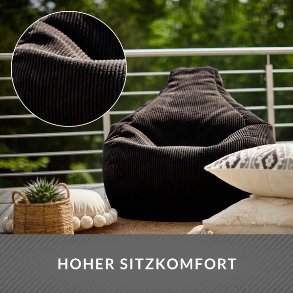 Green Bean Sitzsack mit Rückenlehne 80x80x90cm - Gaming Chair mit 230L Füllung Cordstoff - Bean Bag Bodenkissen Lounge Sitzhocker Relax-Sessel Gamer Gamingstuhl Schwarz