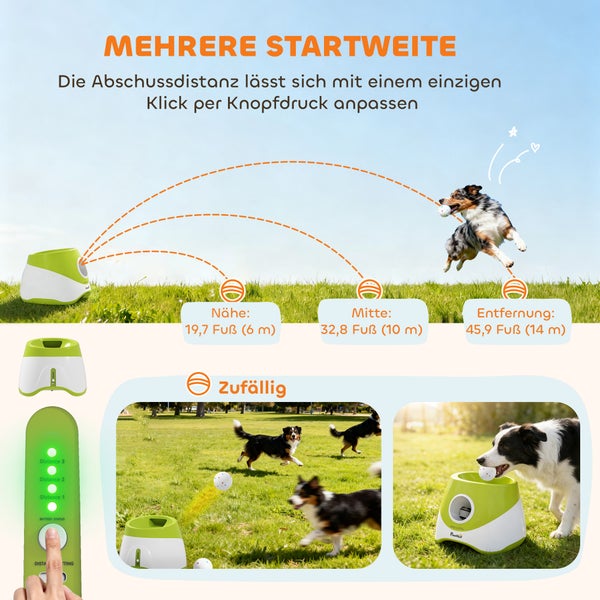PawHut automatischer Ballwerfer für Hunde im Wohnzimmer, geräuscharmes System für entspanntes Spielen, Hund mit Ball im Fang.