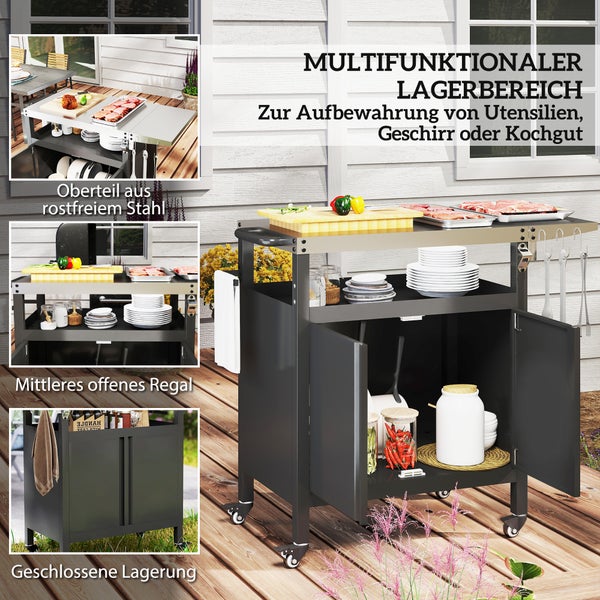 Outsunny Grillwagen 3-Etagen klappbar Servierwagen mit Arbeitsfläche Schrank Haken Räder, BBQ Grilltisch aus Edelstahl, Outdoor Rollwagen, Holzkohlegrill für Garten, Grill, 116x50x93cm Schwarz