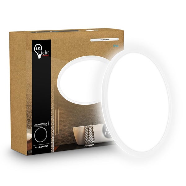 Runde LED-Deckenleuchte für das Badezimmer, spritzwassergeschützt IP44, neutralweißes Licht, B.K. Licht Logo auf dem Karton.