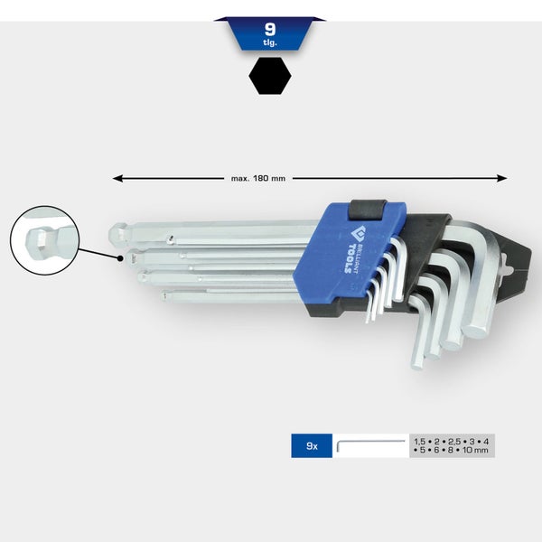 BRILLIANT TOOLS Winkelstiftschlüssel-Satz 9tlg. Innensechskant-Profil kurz - BT045009