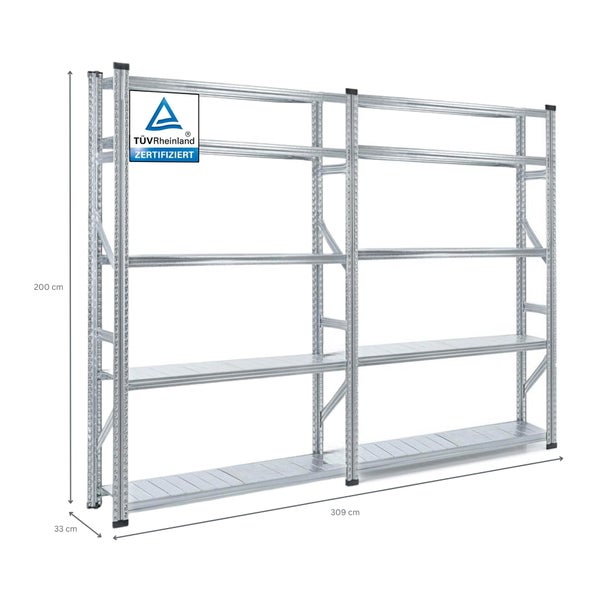 PROREGAL Fachbodenregal Stecksystem Proximo Komplettregal HxBxT 200 x 300 x 32 cm 5 Ebenen Fachlast 130 kg Beidseitig Nutzbar Verzinkt