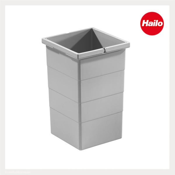 Grauer Mülleimer aus Kunststoff für Abfalltrennsysteme von Hailo. Hailo Logo.