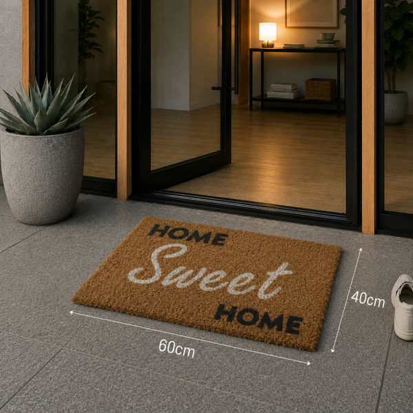 Fußmatte aus Kokos mit dem Schriftzug HOME Sweet HOME, 60 mal 40 Zentimeter, im Eingangsbereich vor einer Glastür auf einem Fliesenboden.
