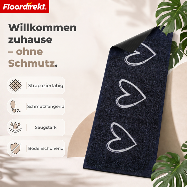 Floordirekt Schmutzfangmatte mit Herzmotiv, strapazierfähig, saugstark und bodenschonend für den Innenbereich.