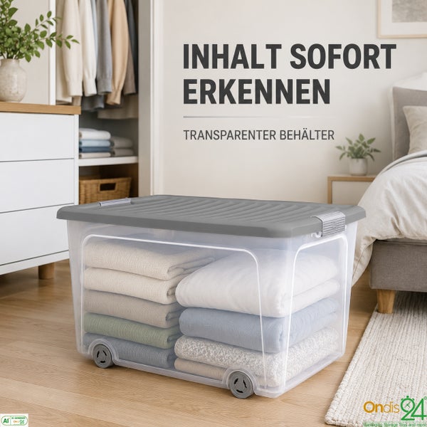 Transparente Aufbewahrungsbox mit Deckel und Rollen zur Aufbewahrung von Kleidung und Heimtextilien im Schlafzimmer.