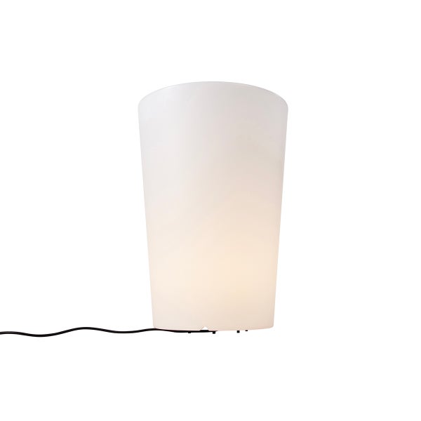 Konische Tischleuchte aus weißem Kunststoff mit schwarzem Kabel.