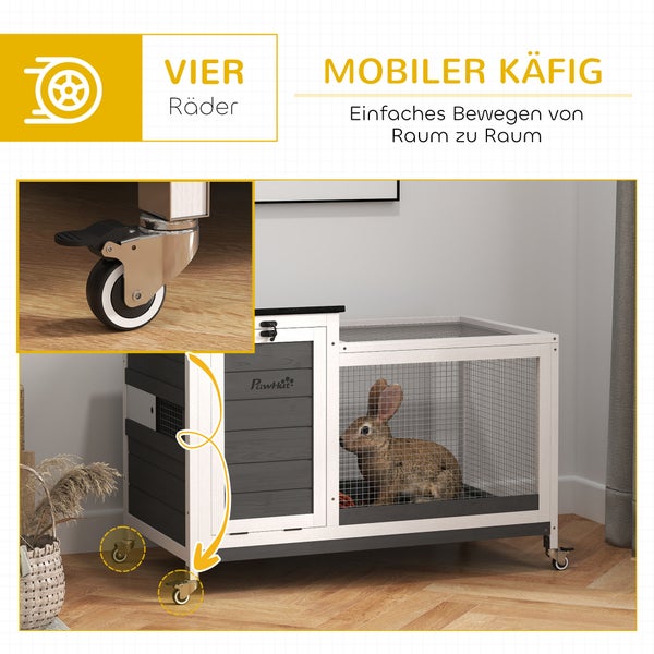 PawHut Kaninchenstall aus Holz Hasenstall mit Freilaufgehege Rädern Klappdach Ausziehbarem Tablett Metallgitter Winterfest Meerschweinchenstall Kaninchenkäfig für Innen, draußen 92x52x67 cm Dunkelgrau
