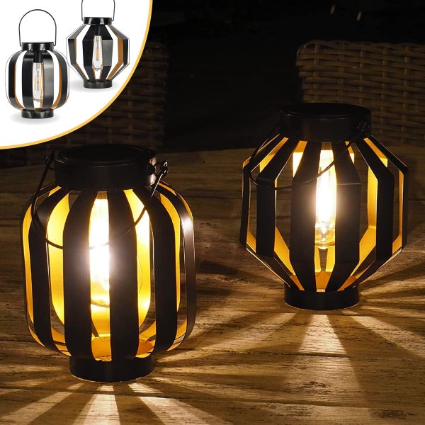 Goliving Solar Tischlampe Nova - 2 Stück - Laterne für draußen - Solarbetriebene Gartenleuchte - LED-Außenleuchte - Pendelleuchte - 20,5 cm - Metall - Schwarz