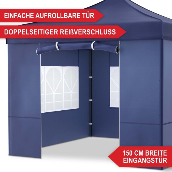 Blauer Faltpavillon mit einer 150 Zentimeter breiten, aufrollbaren Tür und einem doppelseitigen Reißverschluss.