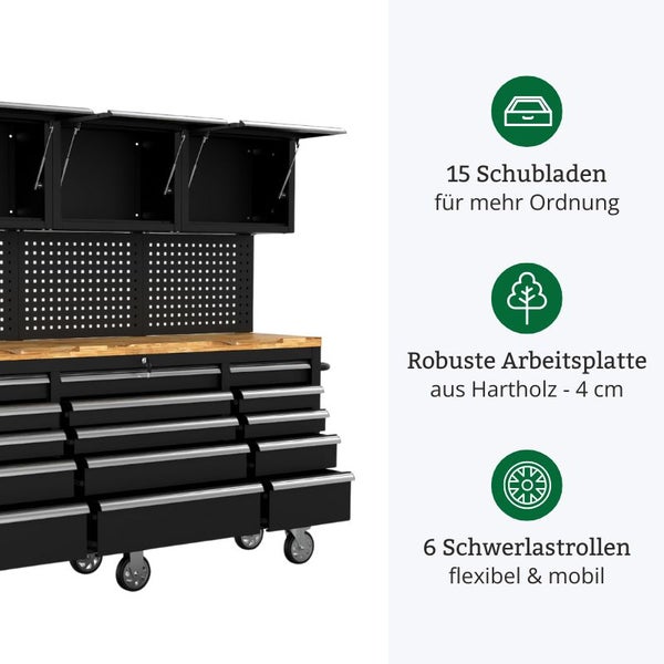 Werkbank mit 15 Schubladen, einer Arbeitsplatte aus 4 cm Hartholz und 6 Schwerlastrollen für mehr Flexibilität