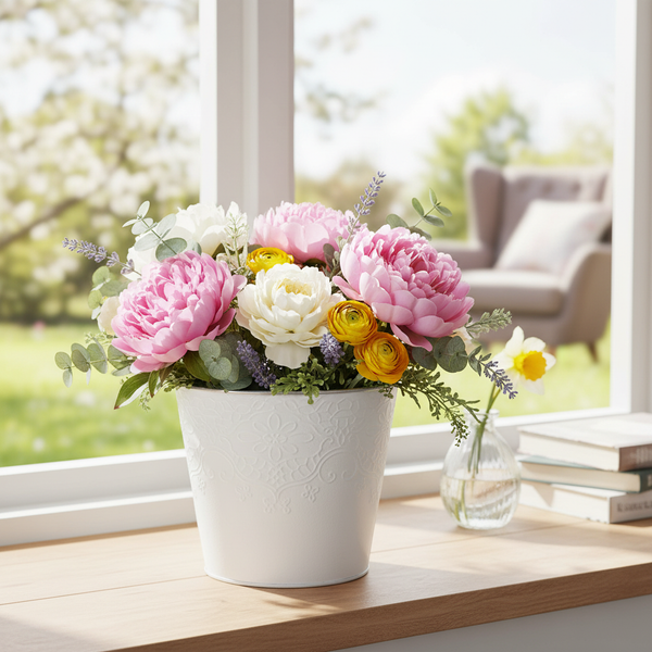 Blumenstrauß mit Pfingstrosen, Ranunkeln und Eukalyptus in einem weißen Topf auf einer hölzernen Fensterbank.