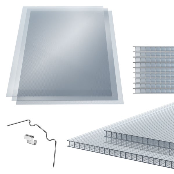 ECD Germany 14x Doppelstegplatten, 4mm Polycarbonat, 121x60,5cm, 10,24m², 50x Klammern + 50x Z-Clips, stoßsicher & UV-beständig, zuschneidbar, Klar Hohlkammerplatten, Gewächshausplatten Stegplatten