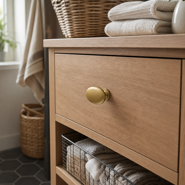 Nahaufnahme eines Badezimmerschranks aus hellem Holz mit goldenem Möbelknopf, Schublade und ordentlicher Aufbewahrung von Handtüchern.