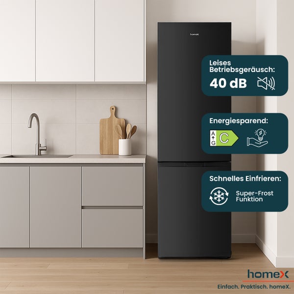 homeX Kühlschrank mit Gefrierfach Kühl-Gefrierkombination freistehend groß 315 Liter Super-Frost-Funktion schwarz