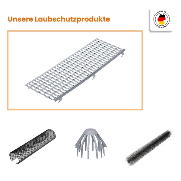 Laubschutzprodukte für Dachrinnen wie Laubschutzgitter, Laubfangnetz, Laubfangkorb und Dachrinnenraupe. Hergestellt in Deutschland.