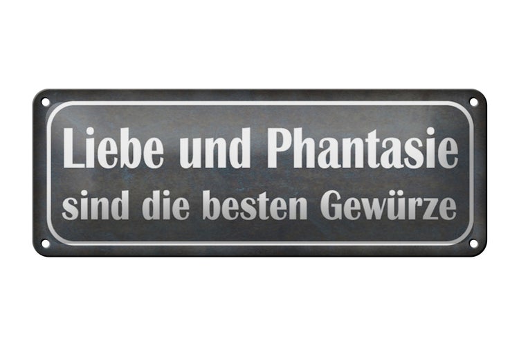 Blechschild Spruch 27x10cm Liebe Phantasie beste Gewürze Dekoration