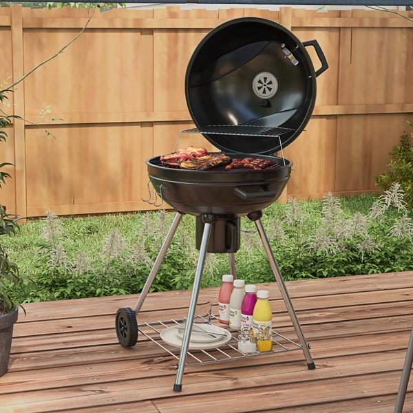 Outsunny Holzkohlegrill, Campinggrill mit Grillrost, Rädern, 55 x 65 x 89 cm, Ablage, Metall, Schwarz