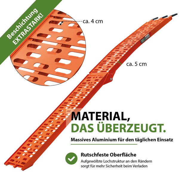 Faltbare Auffahrrampe aus Aluminium von Trutzholm mit rutschfester, gelochter Oberfläche, Profiltiefe circa 4 cm und Randhöhe circa 5 cm.