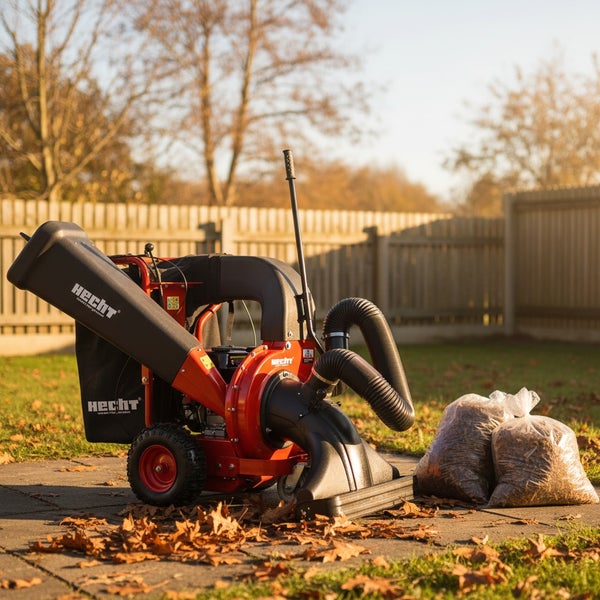 Hecht Laubsauger mit Fangkorb und Laubsäcken im Garten