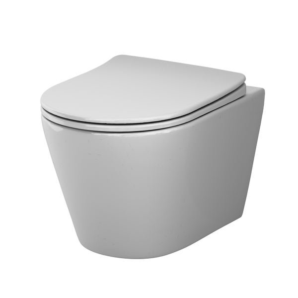 Wandhängendes WC aus Keramik mit geschlossenem Toilettendeckel, modernes Tiefspül-WC für die Wandmontage im Badezimmer.