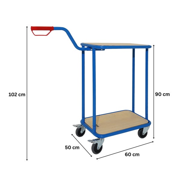 Transportwagen aus blauem Metall mit zwei Holzablagen, Maße 60 mal 50 Zentimeter, Gesamthöhe 102 Zentimeter.
