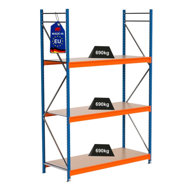 Lagerregal mit drei Ebenen und einem Etikett Made in EU, Traglast pro Ebene 690 Kilogramm