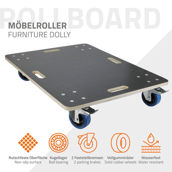 ECD Germany Transportroller mit 2x Feststellbremse 60 x 80 cm bis 800kg Siebdruckplatte - PP-Räder Rollbrett Möbelroller Transporthilfe für Umzug Möbel-Transport Möbelhund Rollwagen Roller Transporter