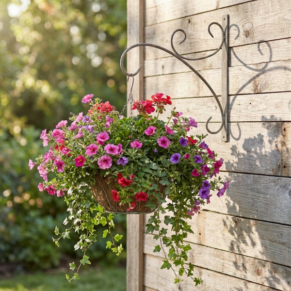 Hängender Blumenampelkorb mit bunt blühenden Petunien an einer Wandhalterung aus Metall vor einer Holzfassade.