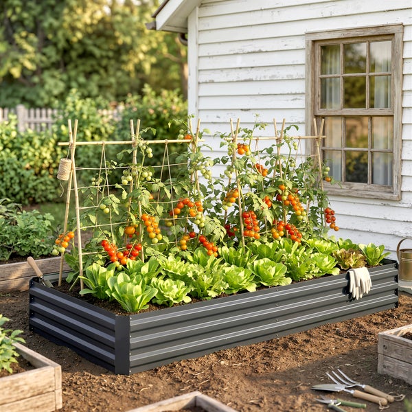Outsunny Hochbeet Stahl, Pflanzbeet Frühbeet Gartenbeet Blumenkasten steckbar, Pflanzkasten Pflanzkübel Gemüsebeet 241x90,5x30cm für Garten Terrasse, für Blumen, Pflanzen, Obst, Gemüse, Grau