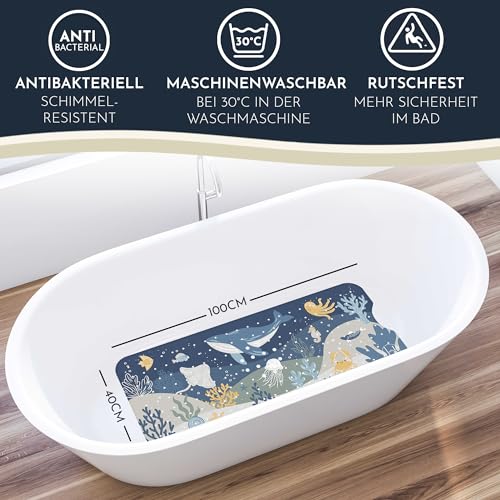 Homerella® Badewannenmatte rutschfest 100% BPA frei inkl. 2 Haken zum Aufhängen 100x40cm - Antirutschmatte Badewanne hautsensitiv & schimmelresistent - Badematte rutschfest maschinenwaschbar
