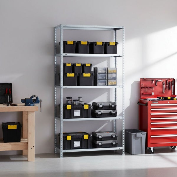 Gut organisierte Werkstatt mit einem verzinkten Schwerlastregal, einer Werkbank mit Schraubstock und einem roten Werkstattwagen.