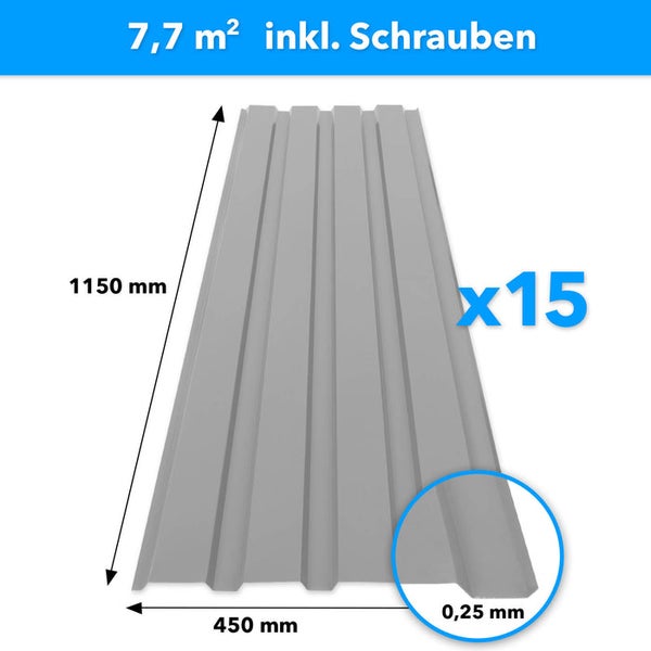 FLOORDIREKT Trapezblech - 115 x 45 cm - Profilblech - Stärke 0.25 mm - 15er-Set - inkl. Schrauben - 7,7 m² - Hellgrau
