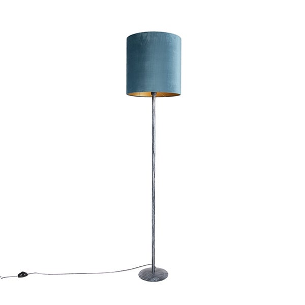 QAZQA - Retro Stehlampe antik grau Veloursschirm blau 40 cm - Simplo I Wohnzimmer I Schlafzimmer - Stahl Länglich - LED geeignet E27
