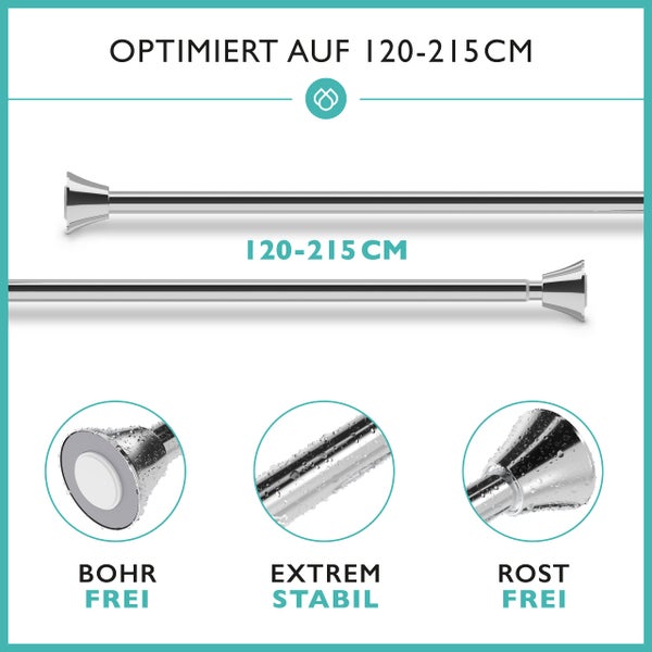 Duschvorhangstange ohne Bohren inkl. 12 Ringe - Stabile 120-215cm Teleskop Duschstange ohne Bohren aus Edelstahl rostfrei - Duschvorhang Stangen Set - Teleskopstange Dusche & Badewanne