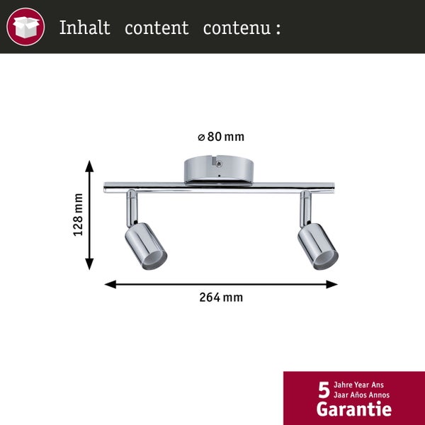 Verchromte zweiflammige Spotleiste, Breite 264 Millimeter, Höhe 128 Millimeter, Durchmesser 80 Millimeter, fünf Jahre Garantie.