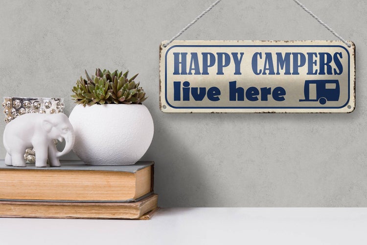 Blechschild Spruch 27x10cm happy campers live here Camping Dekoration