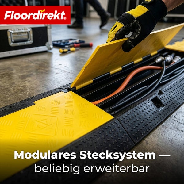 Floordirekt Logo. Person öffnet den gelben Deckel einer modularen, beliebig erweiterbaren Kabelbrücke mit mehreren verlegten Kabeln.