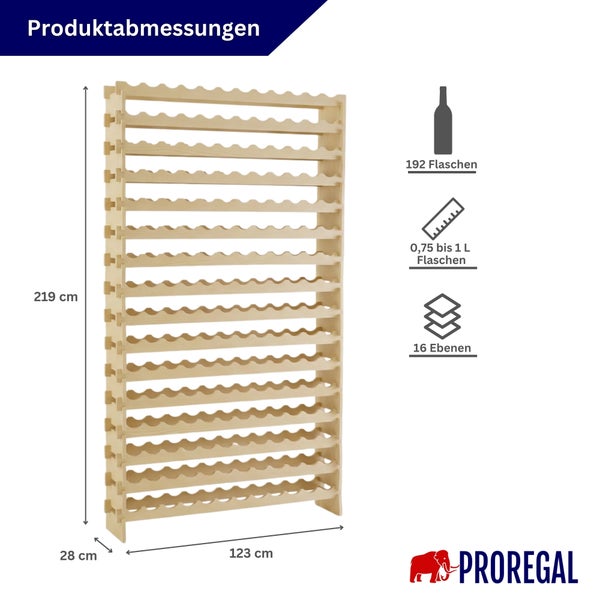 PROREGAL Weinregal aus Holz: Höhe 219 Zentimeter, Breite 123 Zentimeter, Tiefe 28 Zentimeter. Bietet Platz für 192 Flaschen auf 16 Ebenen.