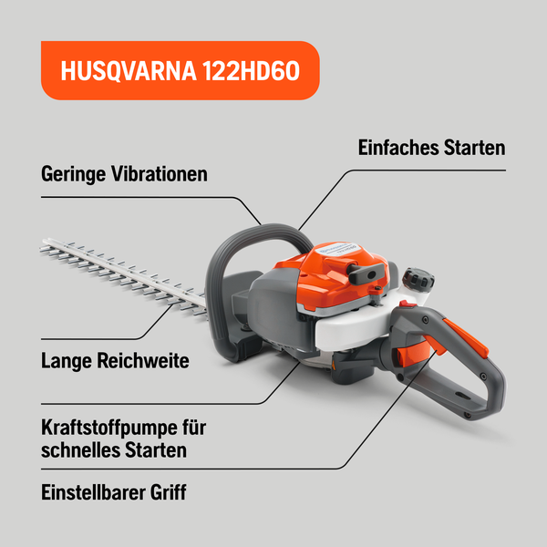 Husqvarna 122HD60 Heckenschere mit geringen Vibrationen, grosser Reichweite, Kraftstoffpumpe für schnelles Starten und einstellbarem Griff