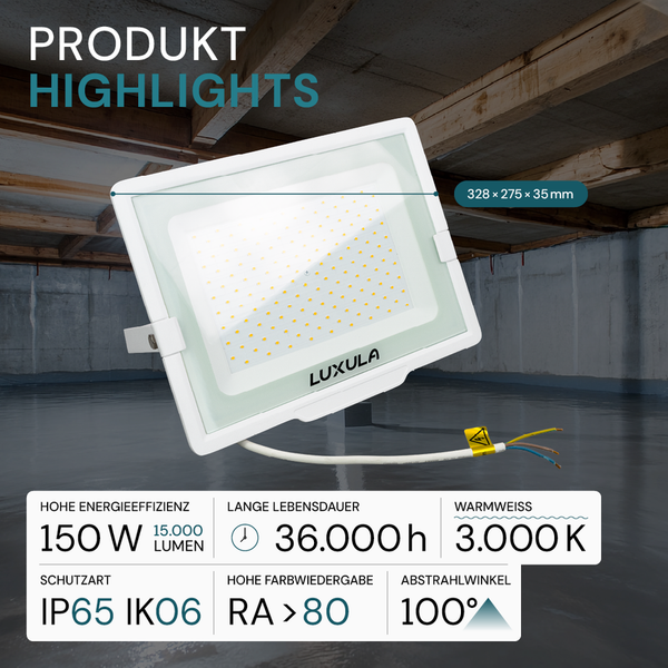 Luxula LED-Fluter mit den Maßen 328 x 275 x 35 mm, 150 Watt Leistung, 15.000 Lumen Lichtstrom, 36.000 Stunden Lebensdauer, warmweißes Licht mit 3.000 Kelvin, Schutzart IP65 IK06, Farbwiedergabeindex RA größer 80 und einem Abstrahlwinkel von 100 Grad.